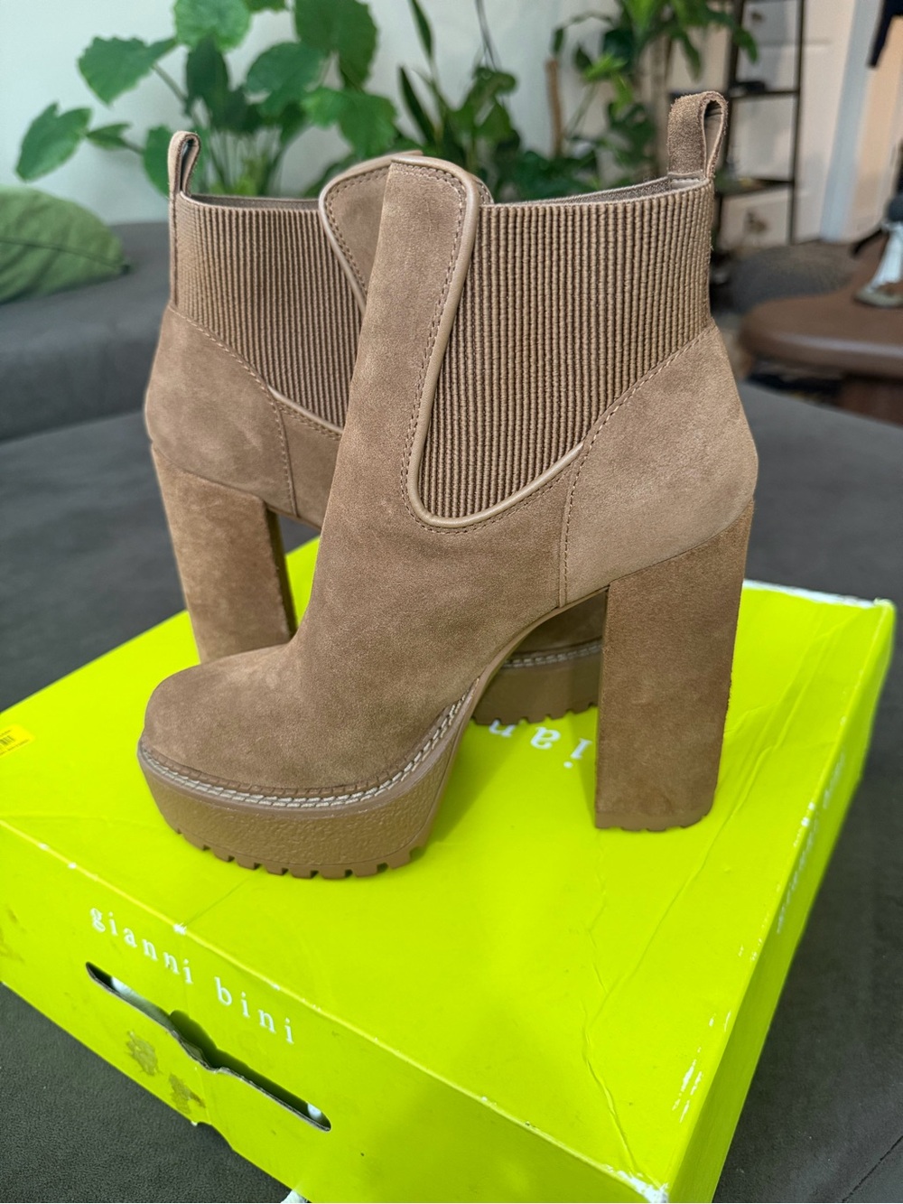 Gianni Bini Taupe Suede Platform Chelsea Booties